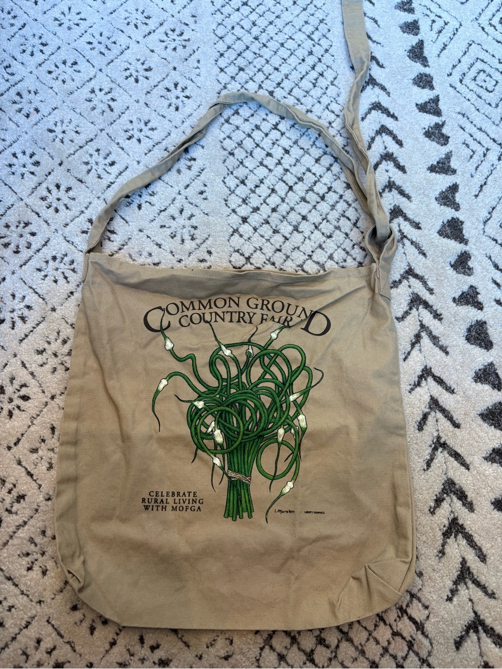 Tan Canvas Tote with Green Botanical Artwork